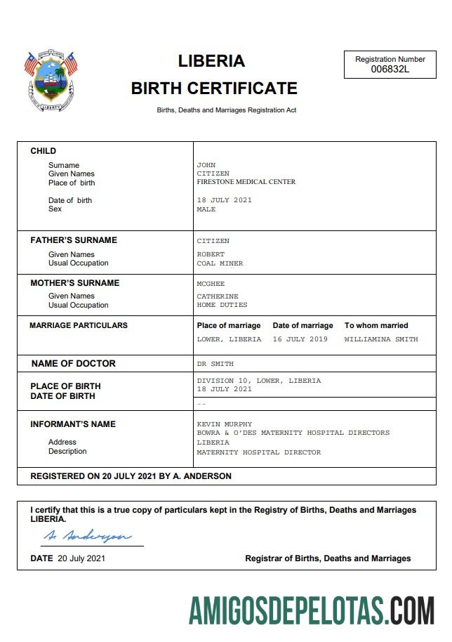 Em branco modelo Word e PDF de certidão de nascimento de registro vital da Libéria
